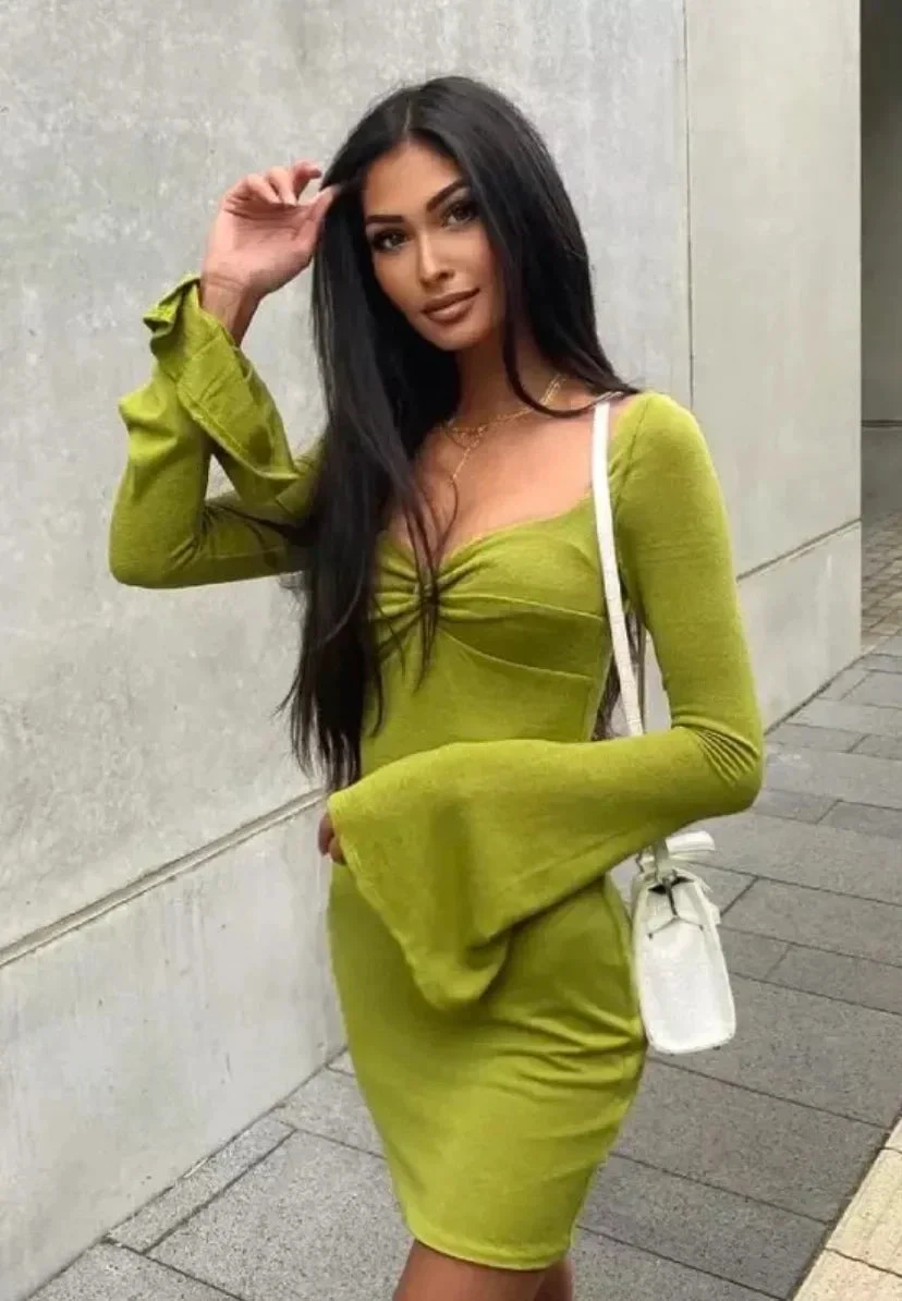 Autumn women's fashion trumpet sleeve square collar sexy low-cut body-fitting women's homecoming dress (ZD11826)
