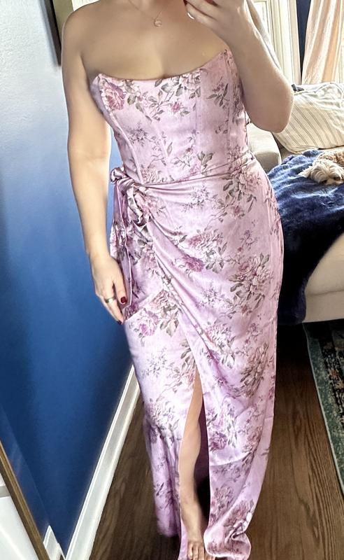 Fuchsia Printed Corset Front-Slit Satin Sheath Prom Dress,Formal Party Evening Dress - View 3 | FashionDia