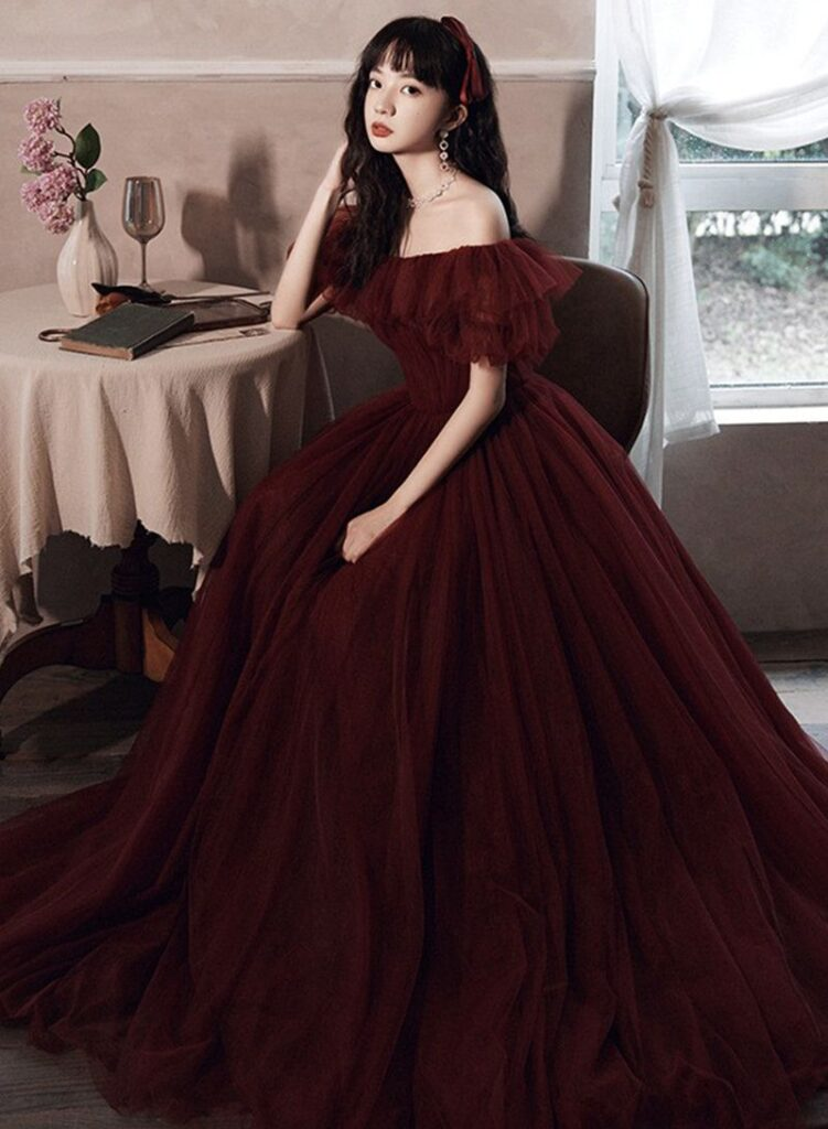 Burgundy Off The Shoulder Tulle Party Evening Dress,A Line Long Prom Dress