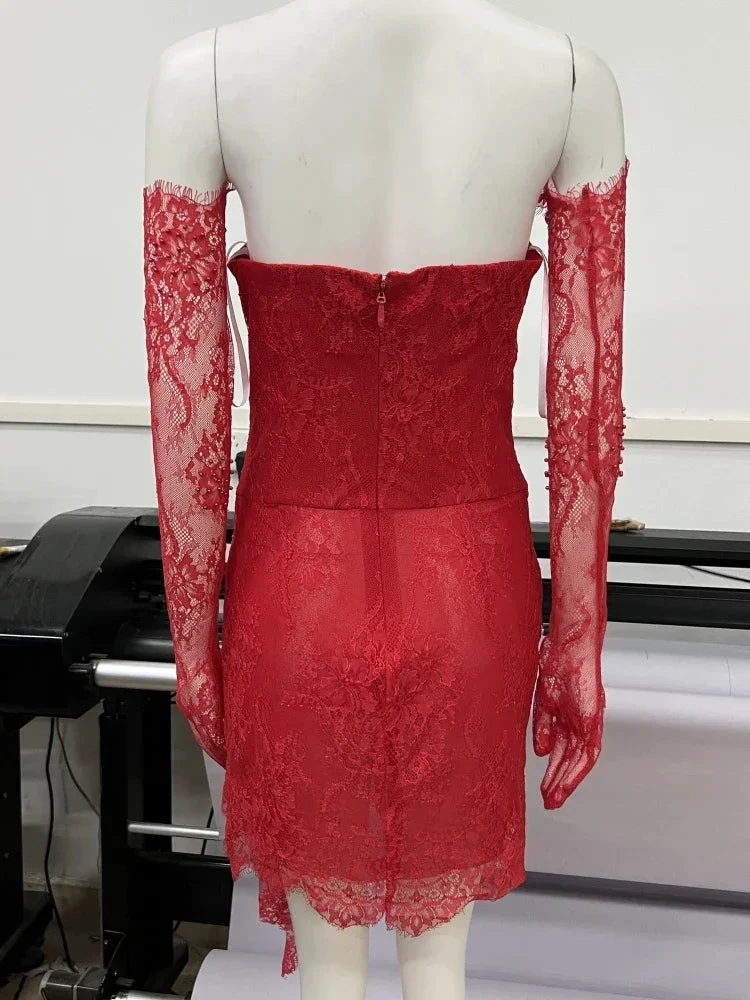 Red Lace Mini Homecoming Dress Red Party Gown (ZD11365)