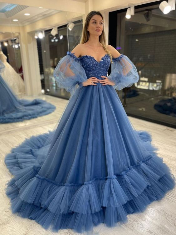 Sweetheart Neck Tulle Blue Prom Dress Puff Sleeves Long Blue Formal Evening Dress Y6172 - VelvetHem