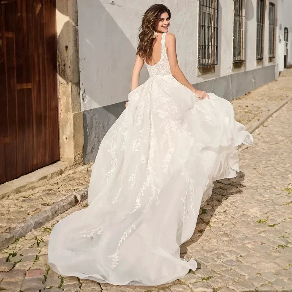 Elegant Square Neck Wedding Dress Open Back Sleeveless A-line Beading Exquisite Bridal Gowns Custom Made robe de mariée (ZD13423)