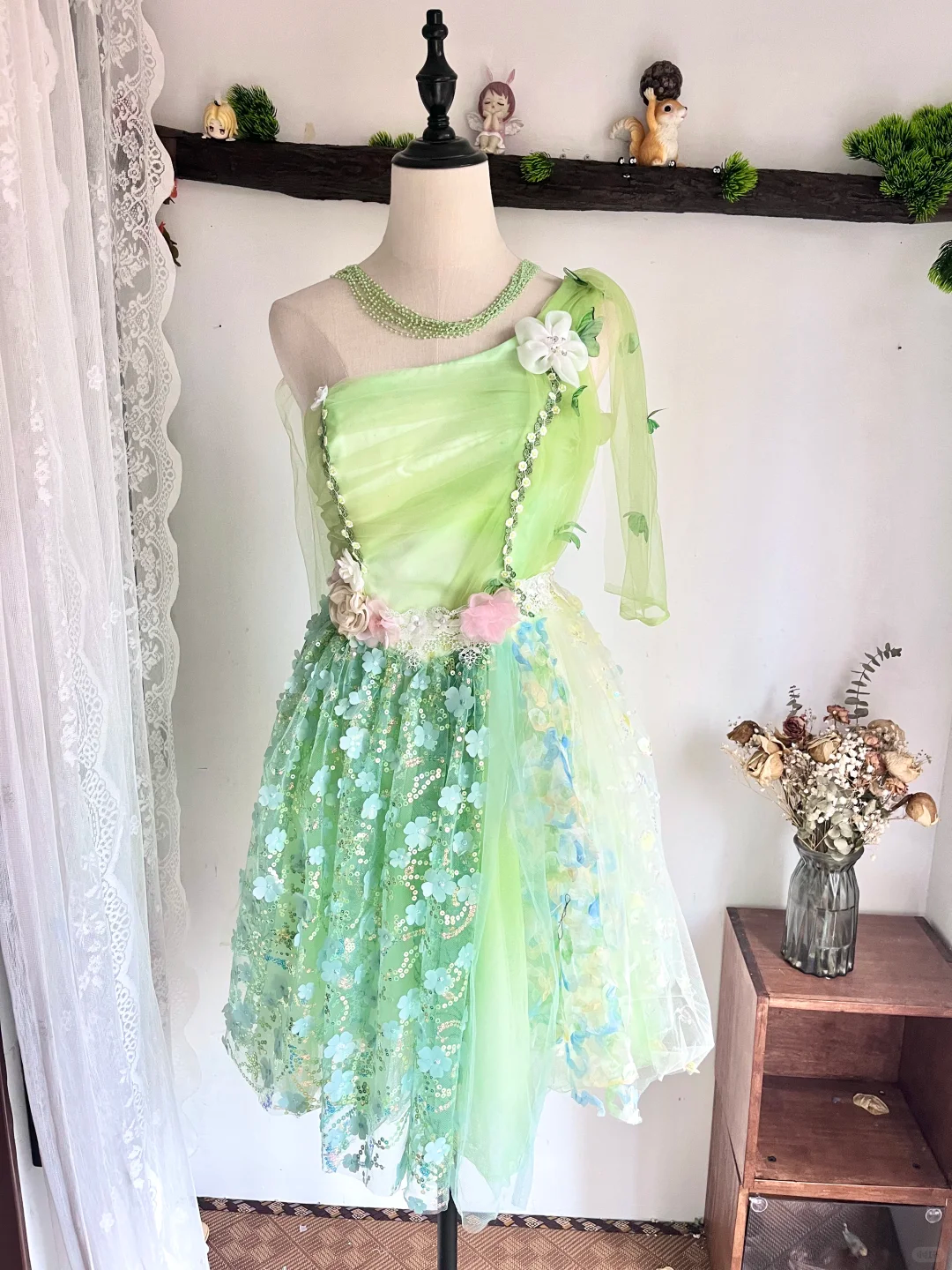 Elegant One Shoulder Green Tulle Lace Appliques Short Party Dress 6th Grade Homecoming Dress