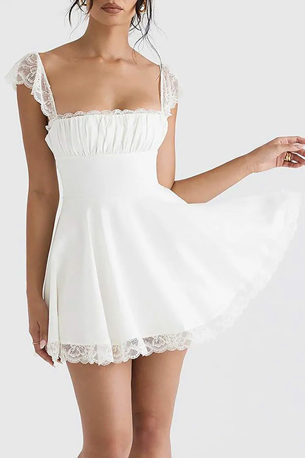 Cute A-Line Square Neck Lace Cap Sleeves Little White Graduation Dress