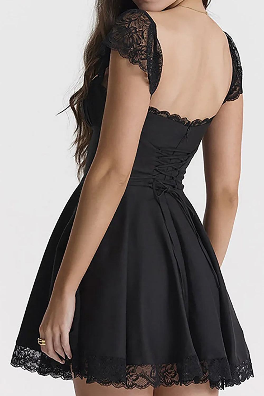 Cute A-Line Square Neck Lace Cap Sleeves Little White Graduation Dress