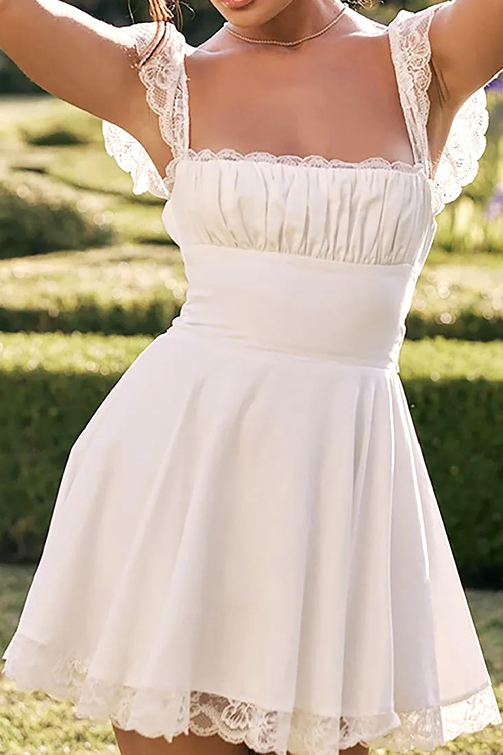 Cute A-Line Square Neck Lace Cap Sleeves Little White Graduation Dress