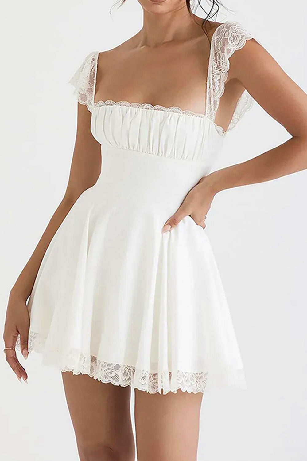 Cute A-Line Square Neck Lace Cap Sleeves Little White Graduation Dress