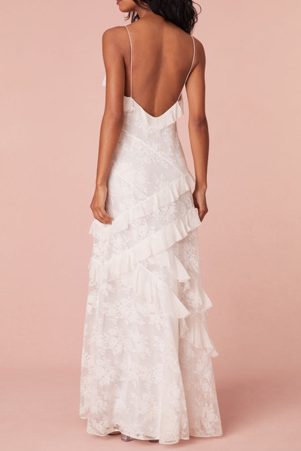 Gorgeous Mermaid Spaghetti Straps White Long Prom Dress with Lace Ruffles