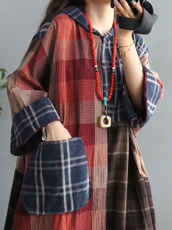 DIY Vintage Plaid Big Pocket Hoodie Dress