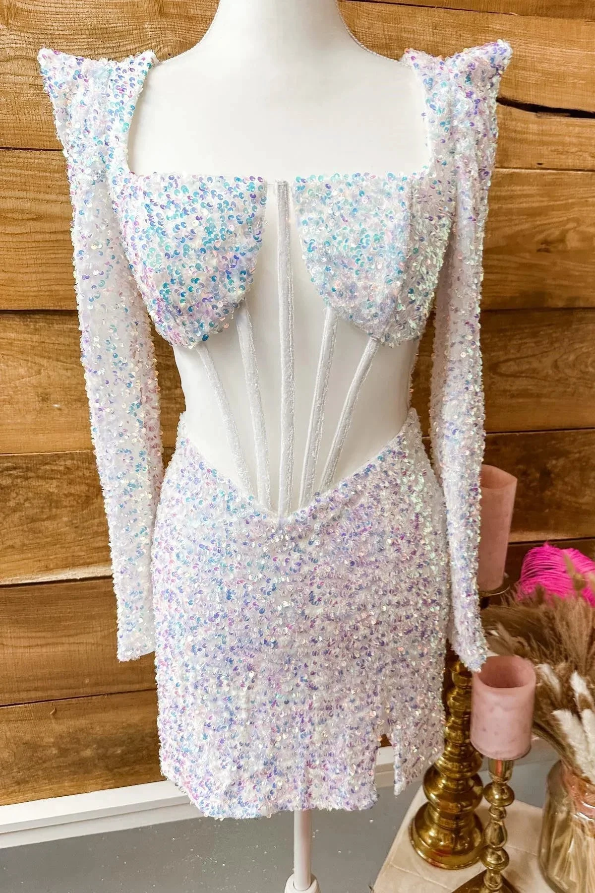 Iridescent White Sequins Long Sleeves Square Neck Homecoming Dress Y2677 by simplepromdress