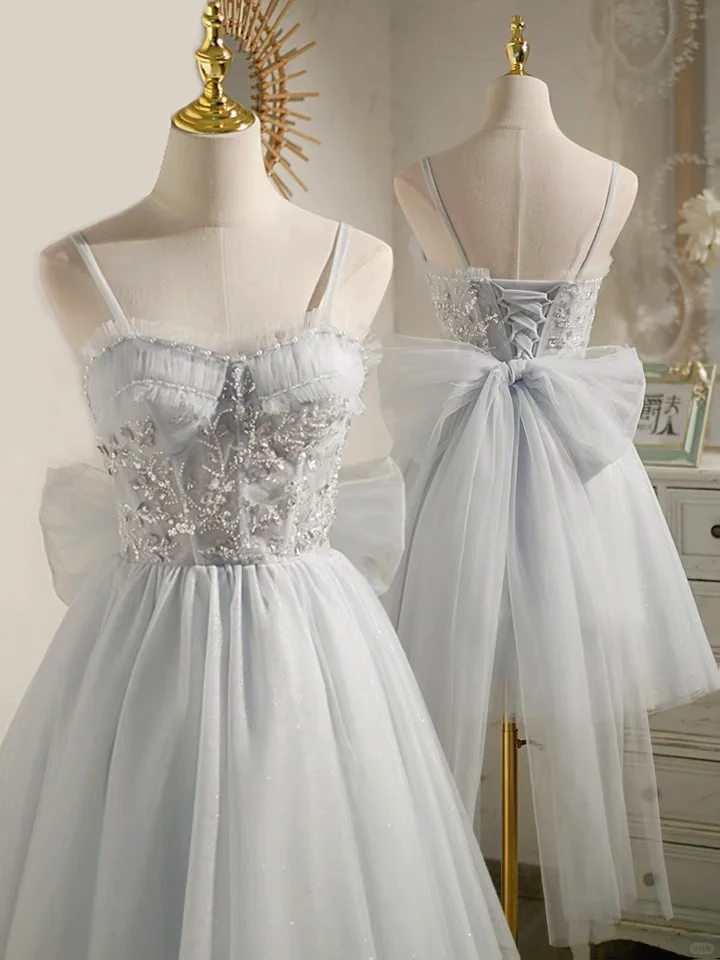 Sweet Light Blue Tulle Beaded Short Homecoming Dress Birthday Outfits With Bow