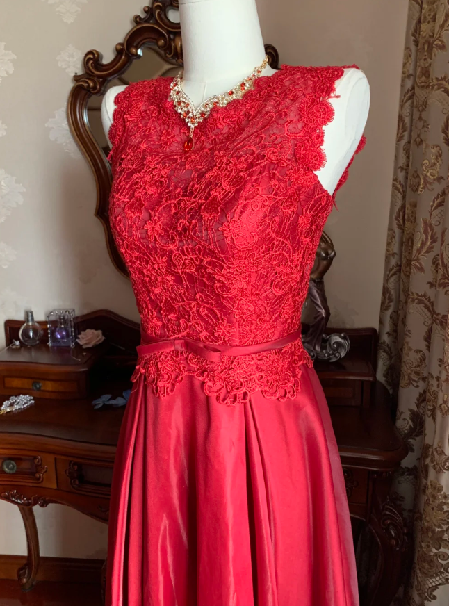 Vintage Red Sleeveless Lace Satin A Line Long Paery Dress Birthday Prom Dress
