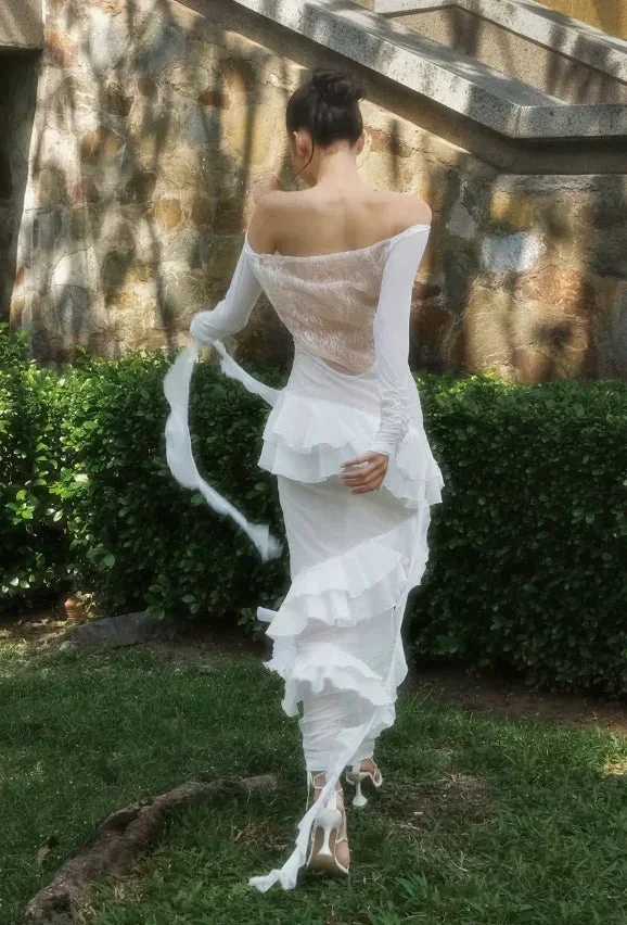 Classy Sheath Lace Chiffon Ruffles Prom Evening Dress,White Wedding Dress (ZD13738)