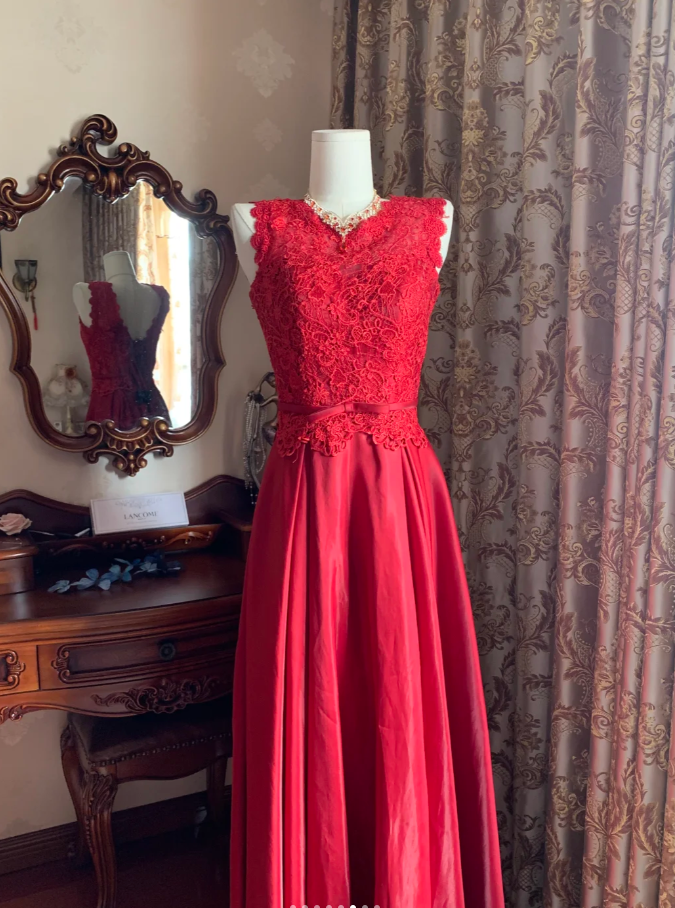 Vintage Red Sleeveless Lace Satin A Line Long Paery Dress Birthday Prom Dress