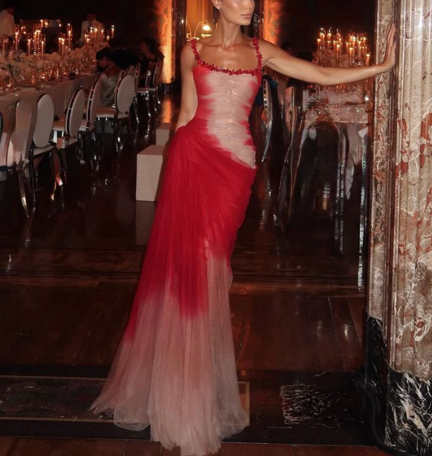 Charming Spaghetti Straps Ombre Red Tulle Beaded Mermaid Evening Dress Formal Long Party Gown