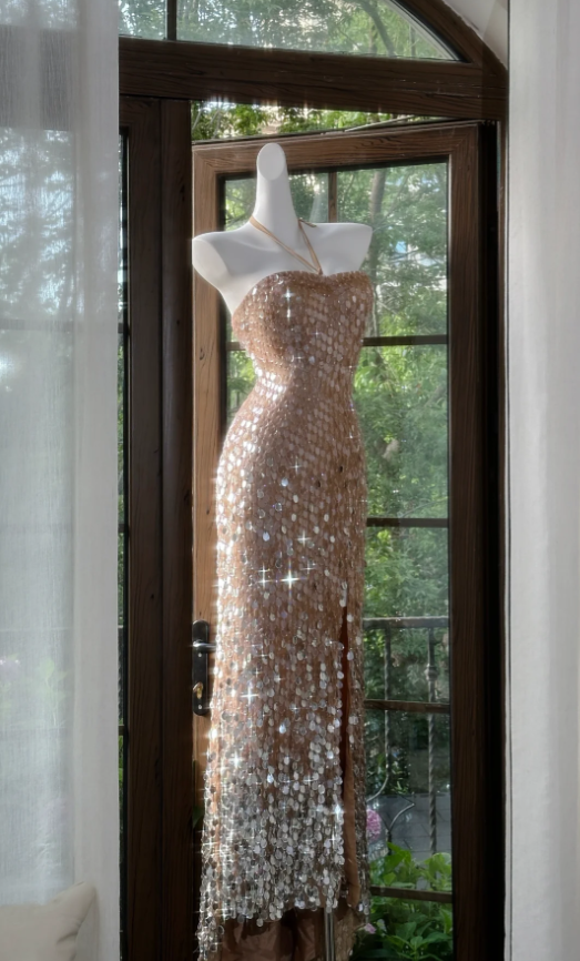 Gorgeous Halter Champagne Sequin Slit Mermaid Party Dress Long Evening Gown