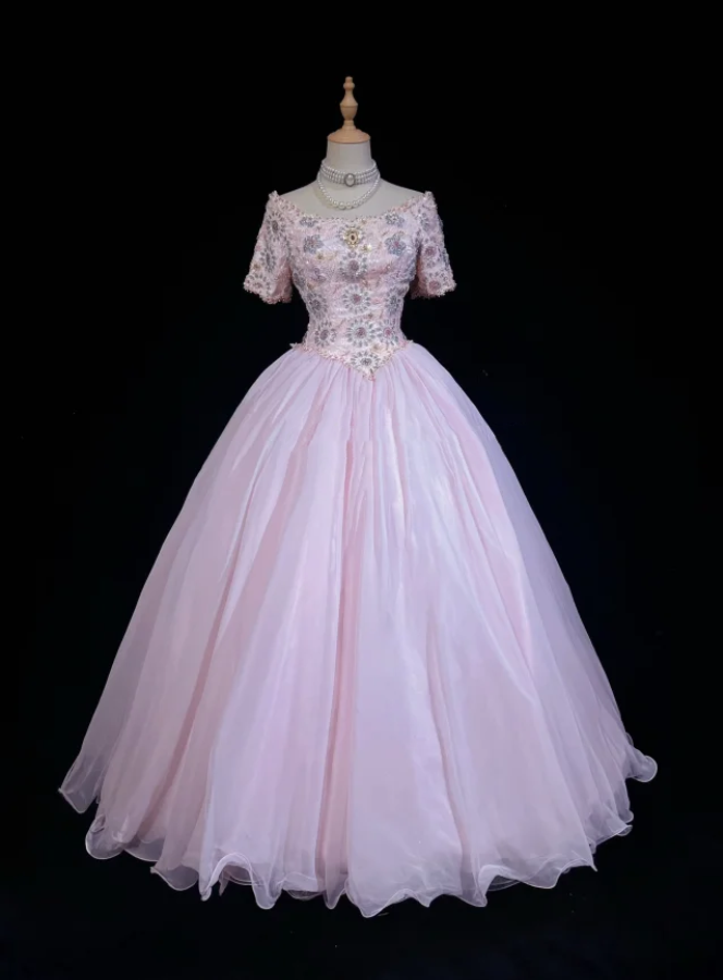 Charming Pink Tulle Lace Beaded Ball Gonn Long Birthady Evening Dress - FashionDia