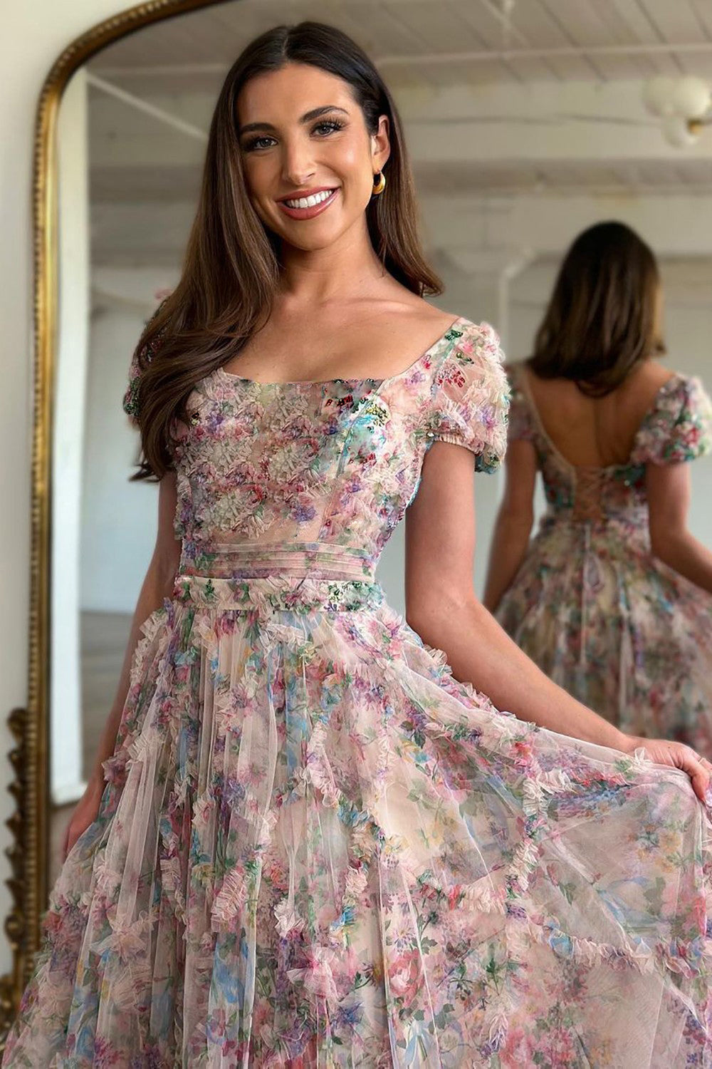 A-Line Square Neck Cap Sleeves Long Print Tulle Prom Dress With Beading - View 3 | FashionDia