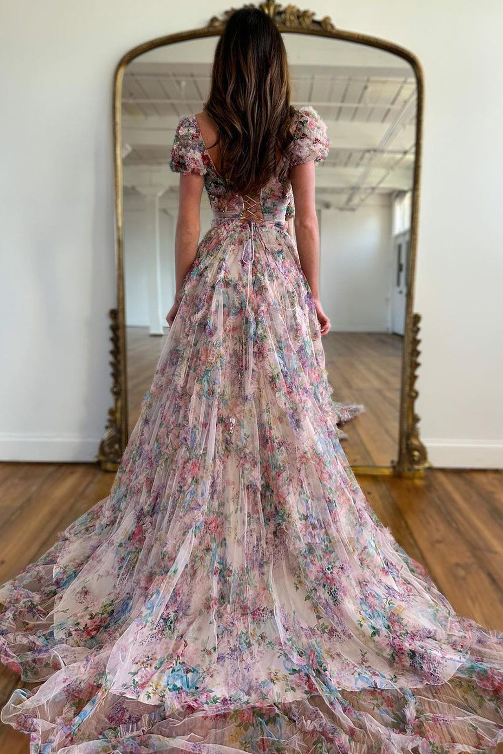 A-Line Square Neck Cap Sleeves Long Print Tulle Prom Dress With Beading - View 2 | FashionDia