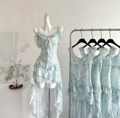 Simple Chiffon Blue Ruffle Party Dress Prom Gown