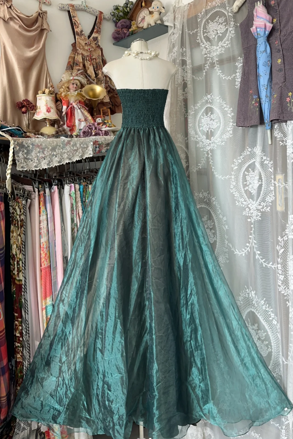 Vintage Strapless Dark Green Organza Ball Gown Long Evening Dress - View 3 | FashionDia