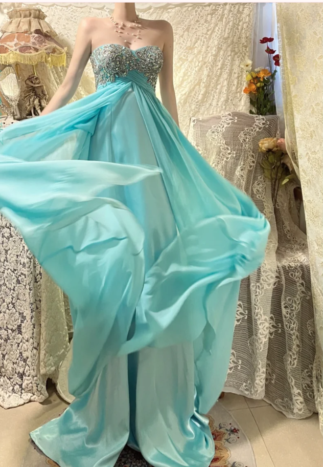 Pretty Strapless Blue Satin Chiffon Beaded Long Wedding Guest Dress Formal Birthday Party Dress