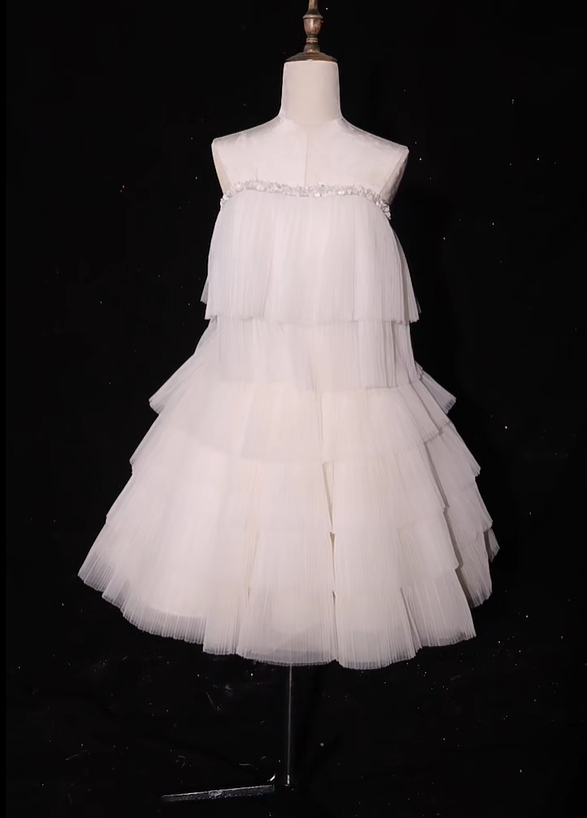 Classy White Strapless Tulle Pleated Layered A-Line Birthday Outfits Short Graduation Homecoming Dress - FashionDia