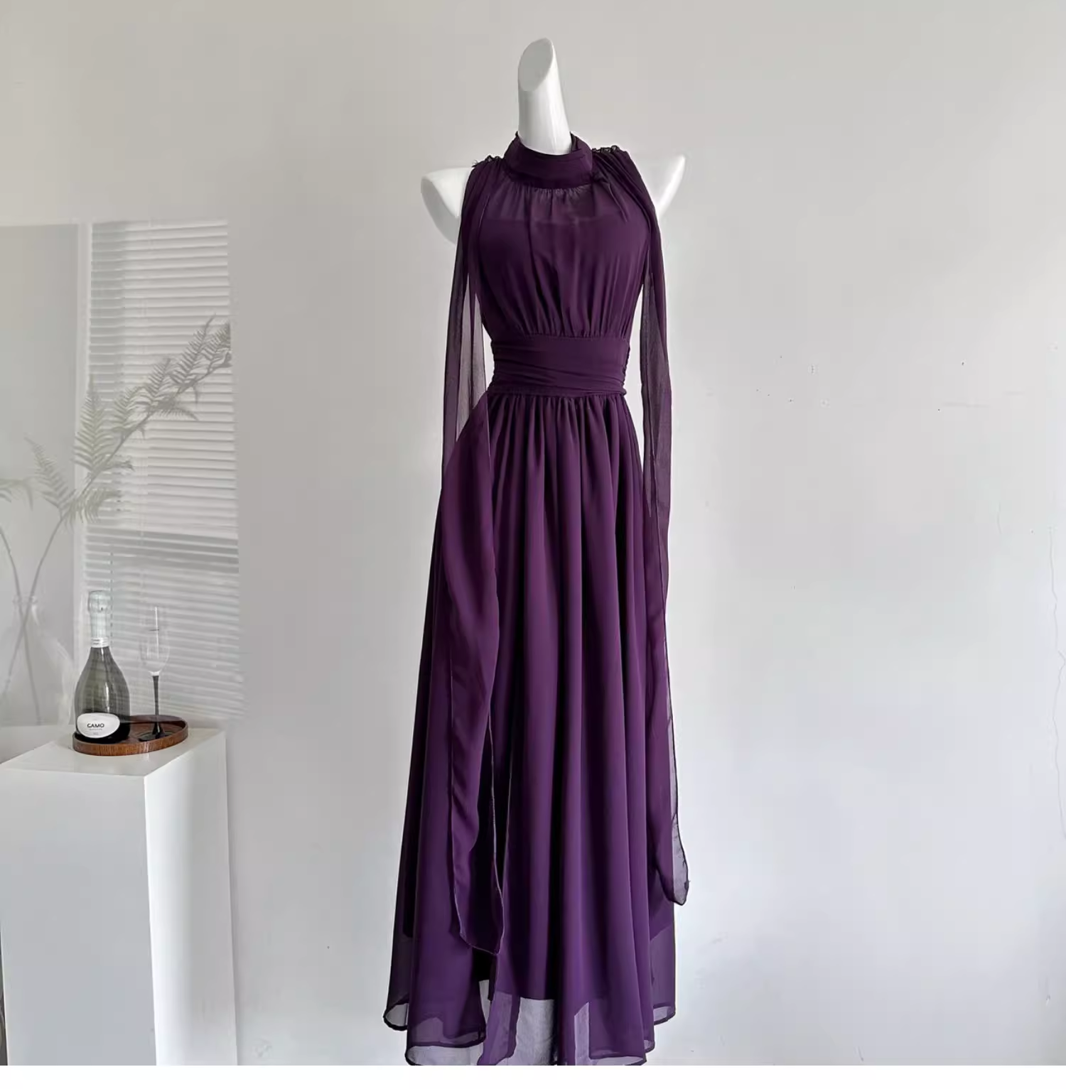 Retro Purple Halter Chiffon Long Vacation Dress Birthday Dress