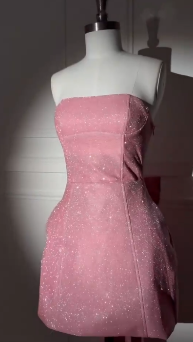 Elegant Strapless Pink Satin Sequin A Line Birthday Outfits Short Graduation Homecoming Dress With Bow D233