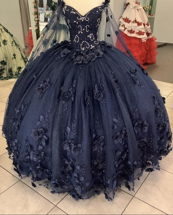 Women's Navy Blue Quinceanera Dresses Appliques Beaded Dresses 3D Flowers Ball Gown,Y2480 - VelvetHem