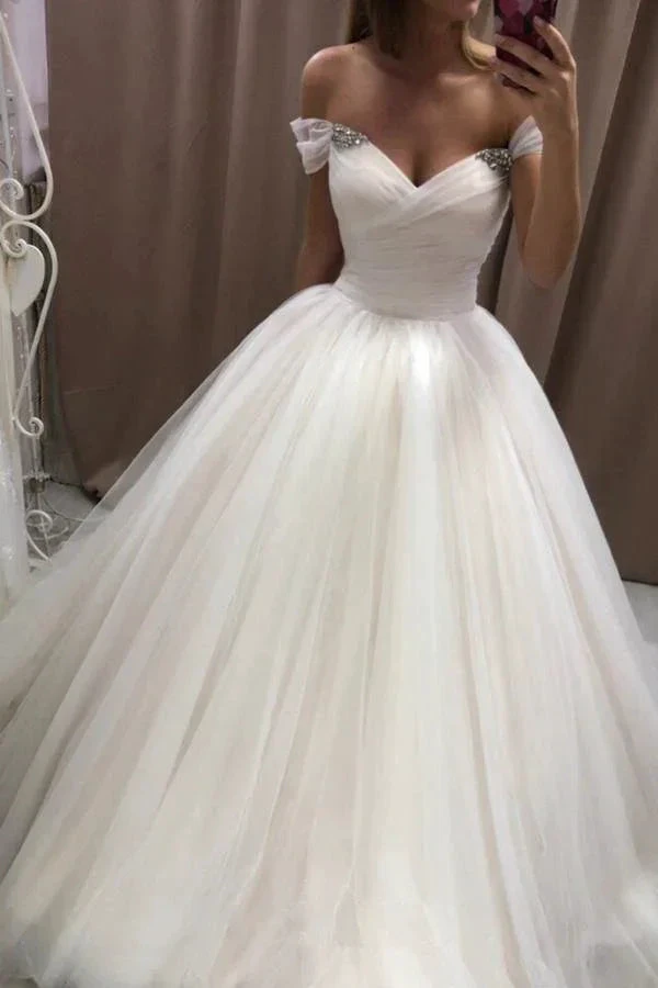 Off The Shoulder Tulle Sweetheart White Wedding Dresses Bridal Gown Y863 by simplepromdress