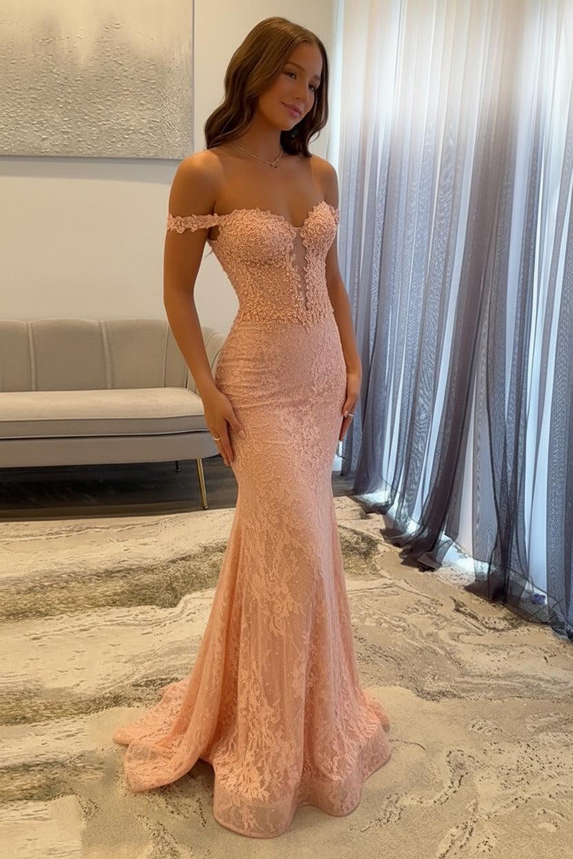 Navy Prom Dress Off The Shoulder Mermaid Long Lace Formal Dress (ZD17401)