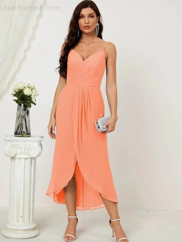 ZapDress Spaghetti Chiffon V Neck Bridesmaid Dress Mid-Length Slit Formal Prom Dress Homecoming Dress 2803 (ZD16952)