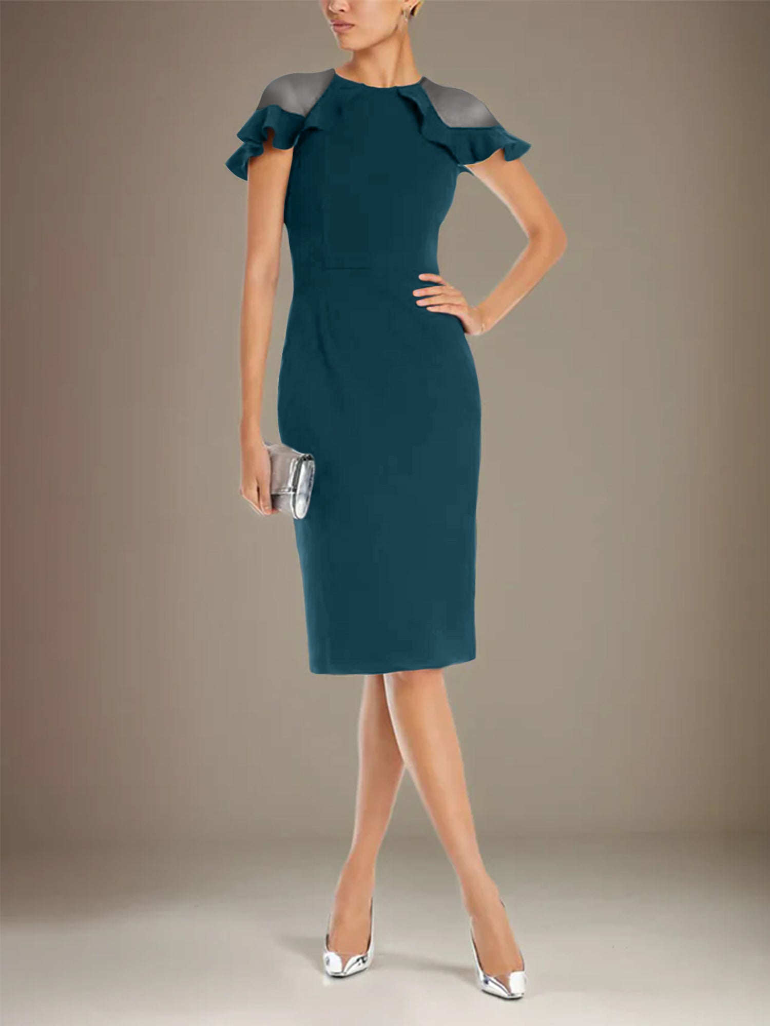 Sheath/Column Stretch Crepe Scoop Short Sleeves Knee Length Dress