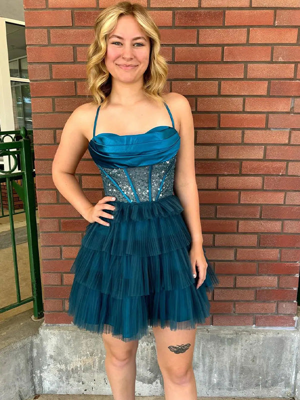Corset A-line Spaghetti Straps Ruffle Short Homecoming Dress - FashionDia