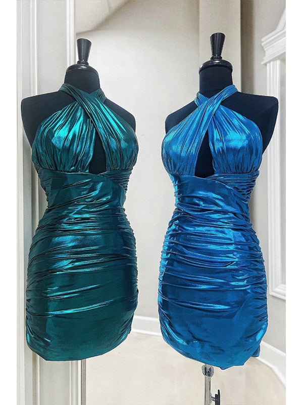 Green Bodycon Halter Neck Open Back Short Tight Metallic Homecoming Dress - FashionDia