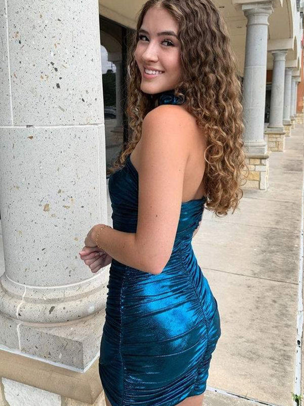 Strapless Metallic Bodycon Homecoming Dress with Flower
