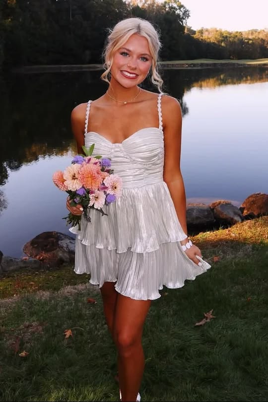 Pearl Beaded Straps Pleated Homecoming Dress