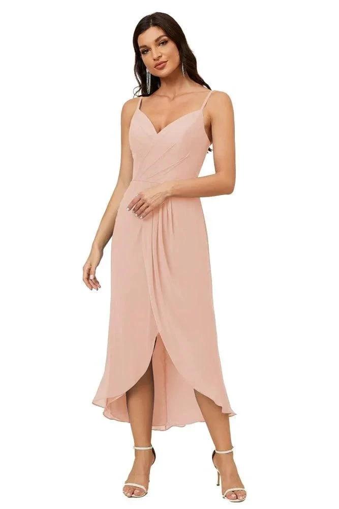 Numbersea Spaghetti Chiffon V Neck Bridesmaid Dress Mid-Length Slit Formal Prom Dress Homecoming Dress 2803 by numbersea