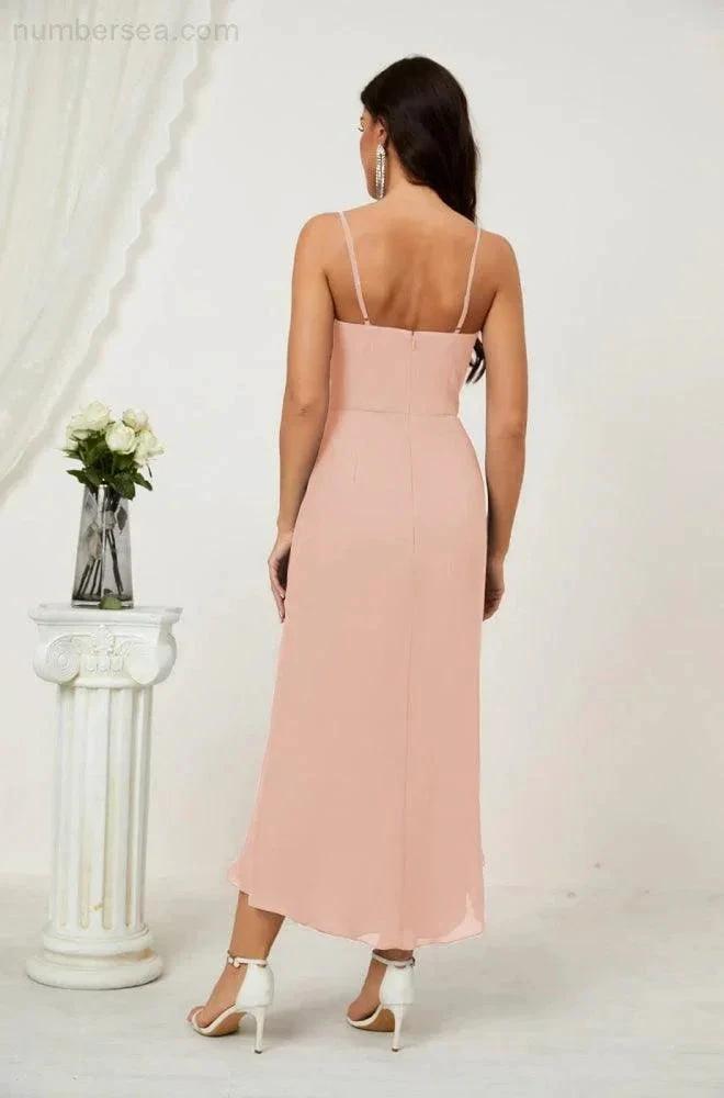 ZapDress Spaghetti Chiffon V Neck Bridesmaid Dress Mid-Length Slit Formal Prom Dress Homecoming Dress 2803 (ZD16952)