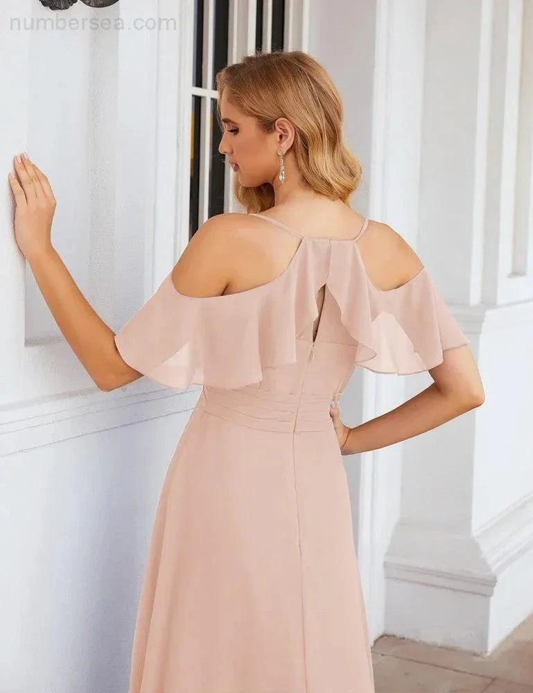 ZapDress Chiffon Cold Shoulder Long Bridesmaid Dresses Plus Size Formal Prom Gowns for Women Party Wedding (ZD17005)