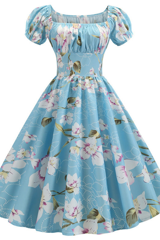 Pearl Pink A-Line Short Sleeve Print Swing Dress - Fashionpara