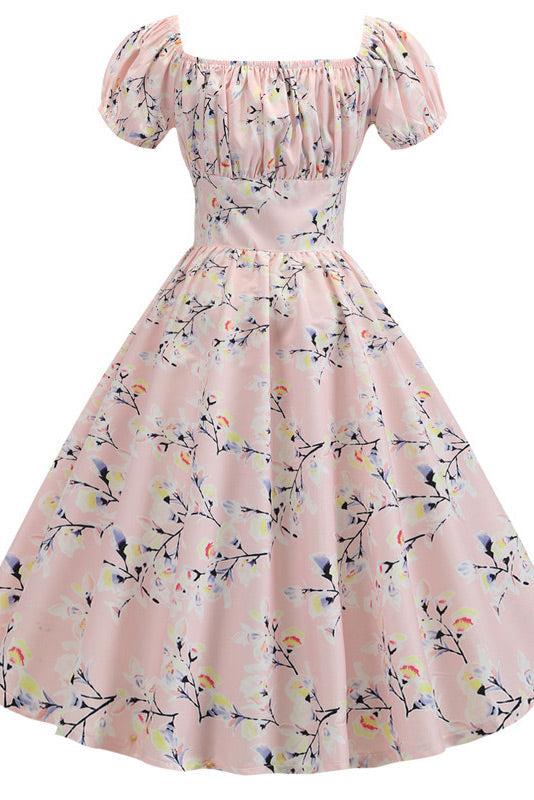 Pearl Pink A-Line Short Sleeve Print Swing Dress - Fashionpara