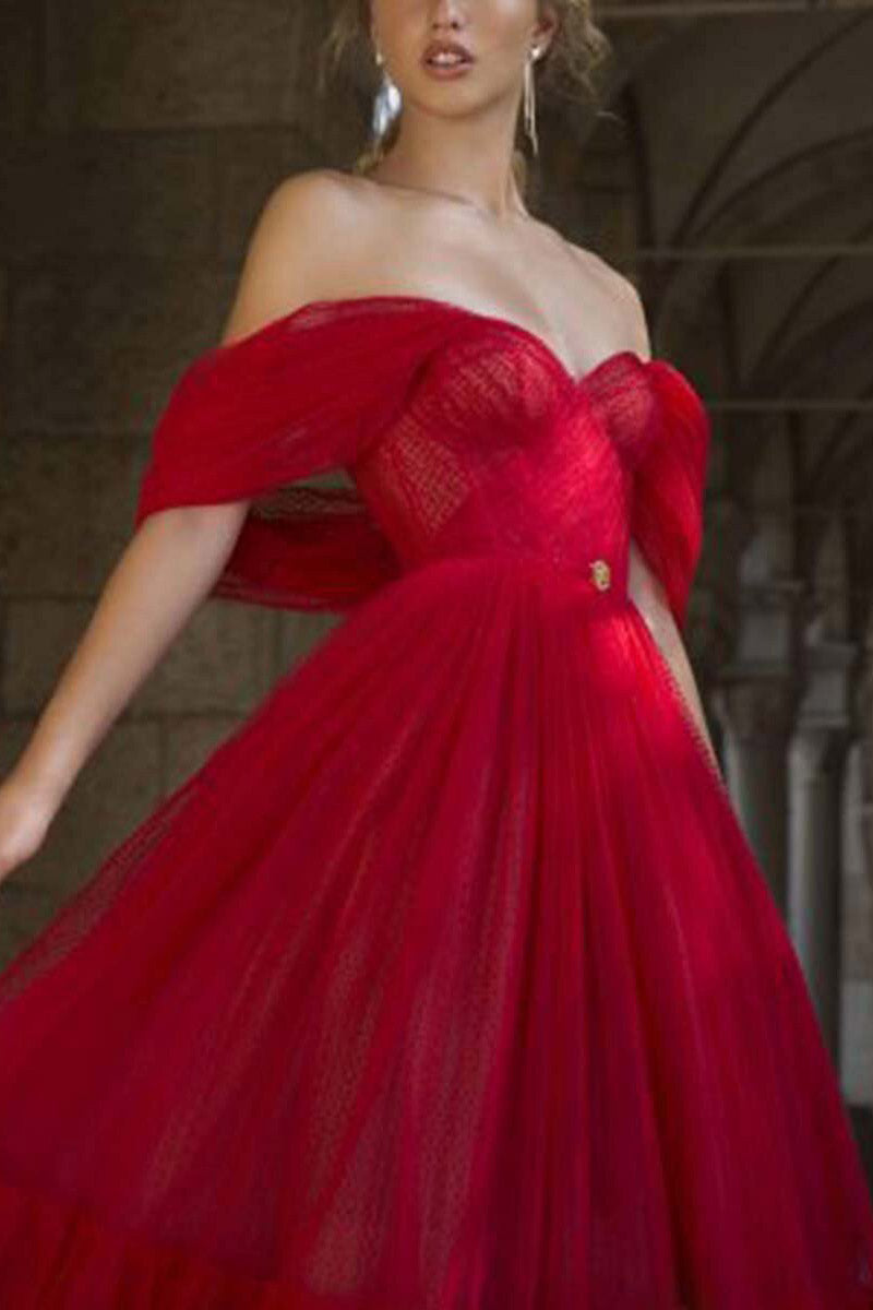 Pearl Pink Off-the-Shoulder Tulle A-Line Prom Dress - Fashionpara