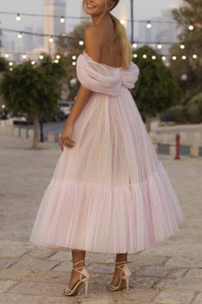 Pearl Pink Off-the-Shoulder Tulle A-Line Prom Dress - Fashionpara