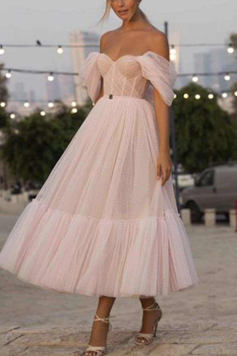 Pearl Pink Off-the-Shoulder Tulle A-Line Prom Dress - Fashionpara
