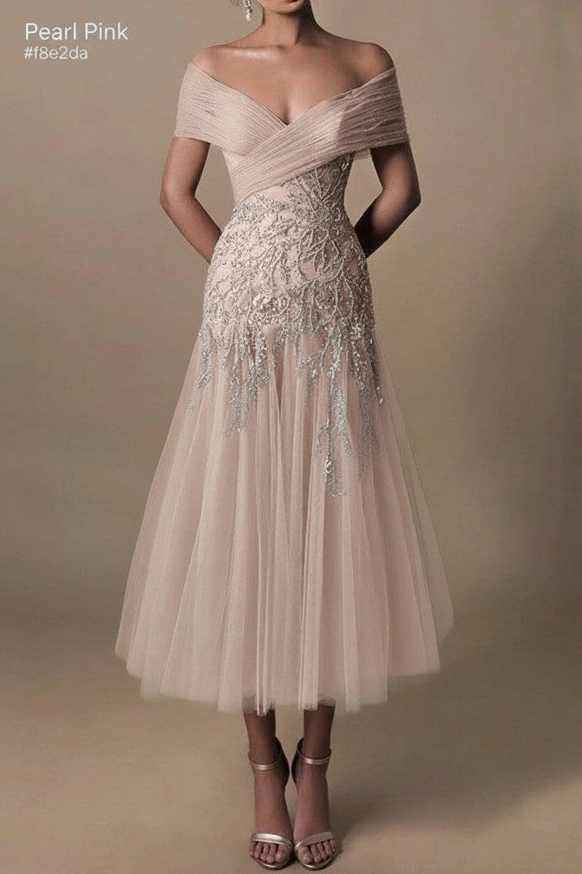 Gorgeous Short Long Off-the-Shoulder Beadings Beach Bridal Dress With Lace