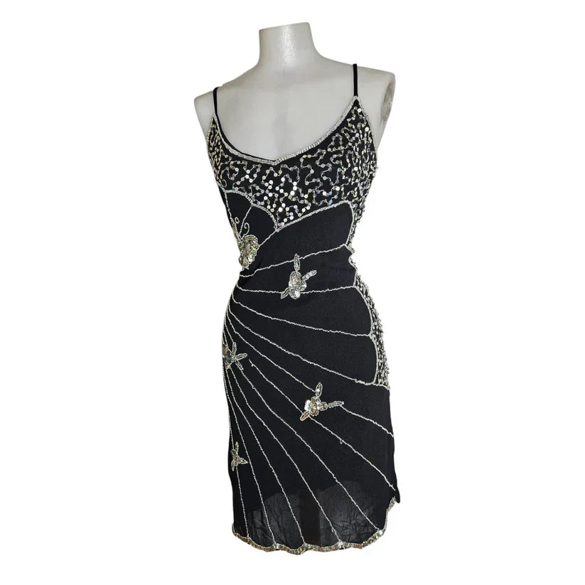 Vintage Black Strapless Butterfly Sequin Birthday Short Skirt Homecoming Dress