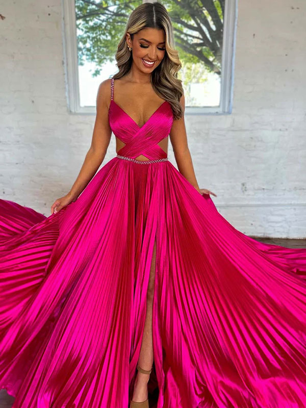 Fuchsia A Line Sequin Strap Pleated Long Prom Dress with Keyhole