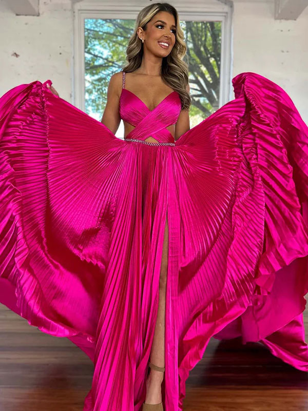 Pink A Line Pleated Cutout Open Back Prom Dress with Slit